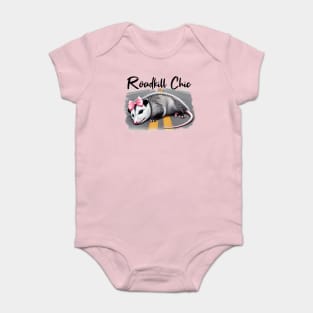 Roadkill Chic funny dead possum with pink hair ribbon bow Baby Bodysuit